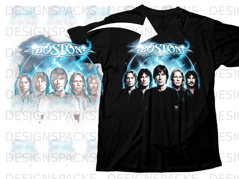 Black t-shirt with Boston band logo and members on a blue starry background.