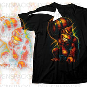 Donkey Kong character holding a barrel, printed on a black t-shirt.