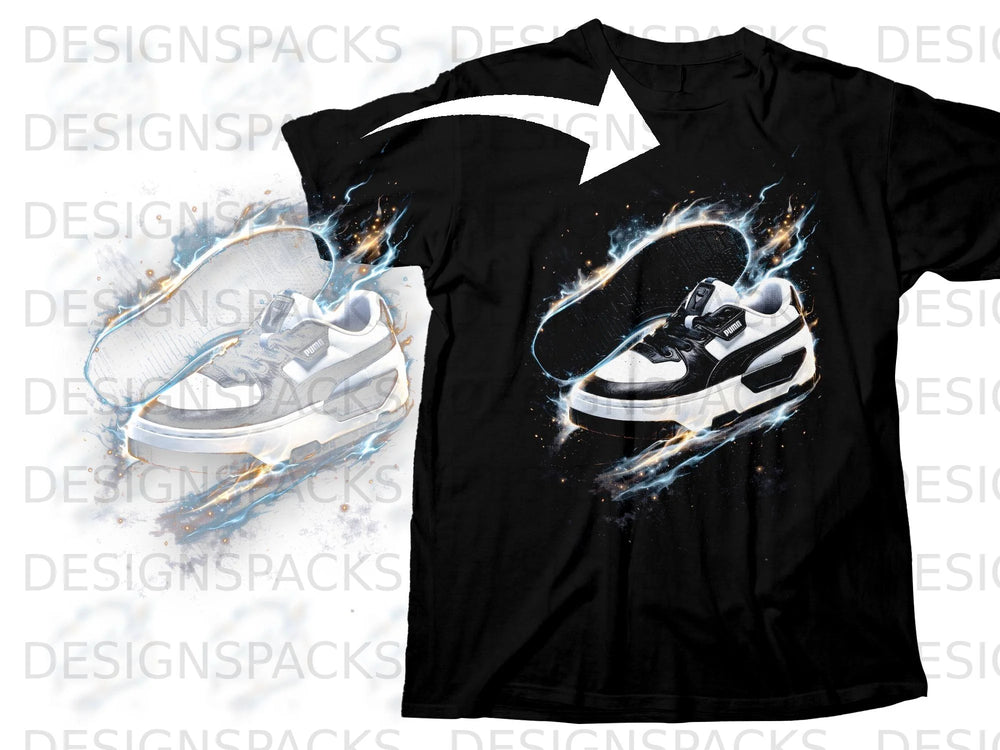 Black t-shirt with a graphic design featuring a Puma shoe surrounded by blue and yellow energy effects.