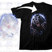Black t-shirt with a roaring grizzly bear graphic surrounded by blue lightning.