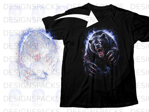 Black t-shirt with a roaring grizzly bear graphic surrounded by blue lightning.