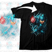 Black t-shirt with a graphic of Mega Man with blue lightning effects.