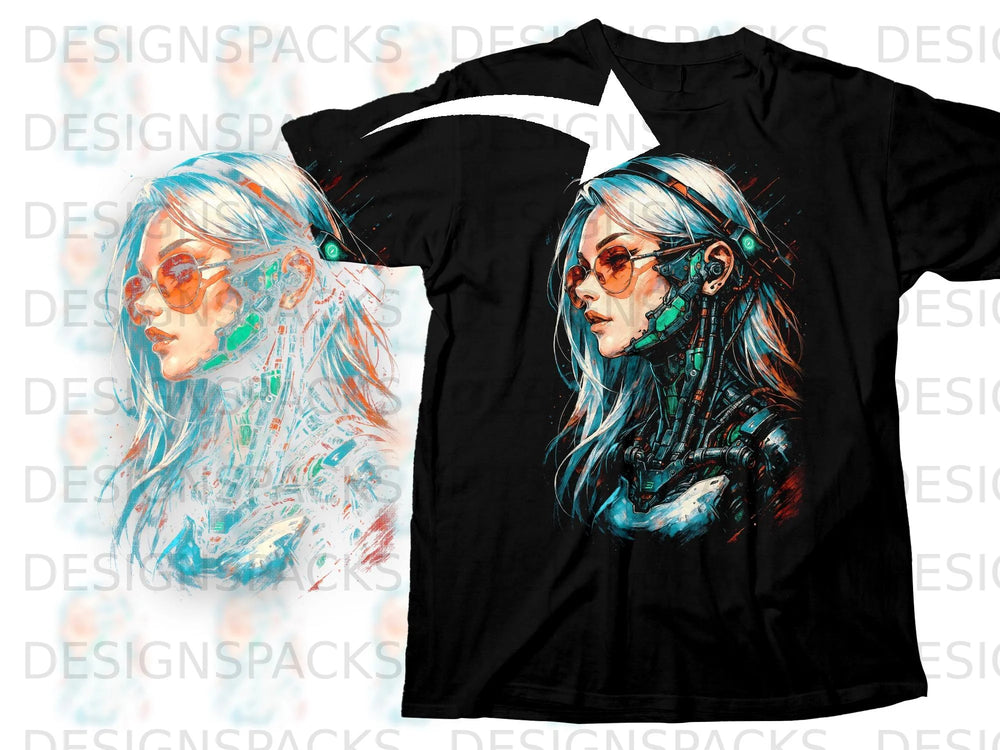 Black t-shirt with a cyberpunk woman graphic, featuring mechanical elements.