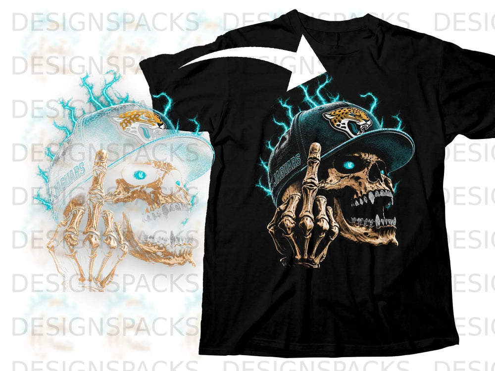 Black t-shirt with a skull wearing a Jaguars cap and giving the middle finger.