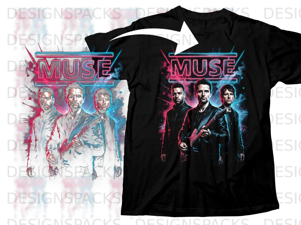 Black t-shirt with a neon "MUSE" logo and a graphic of the band members.