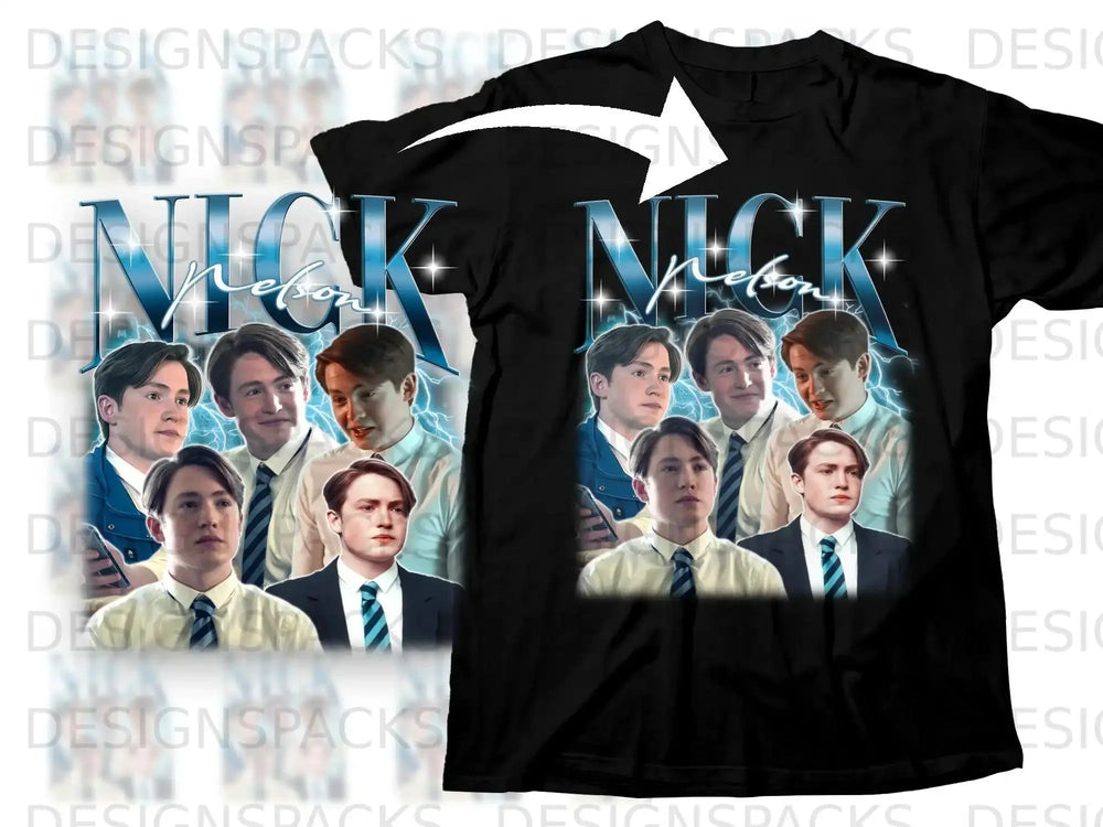 T-shirt featuring a collage of young men and lightning graphics.