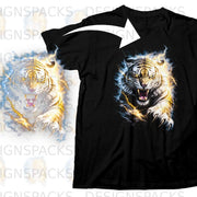 Black t-shirt with a roaring tiger graphic surrounded by lightning and energy effects.