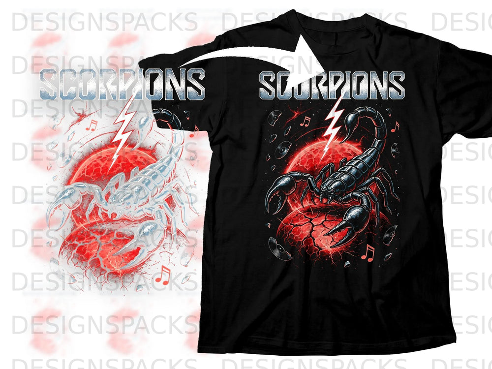 Black t-shirt featuring a scorpion on a cracked red planet with lightning and musical notes.