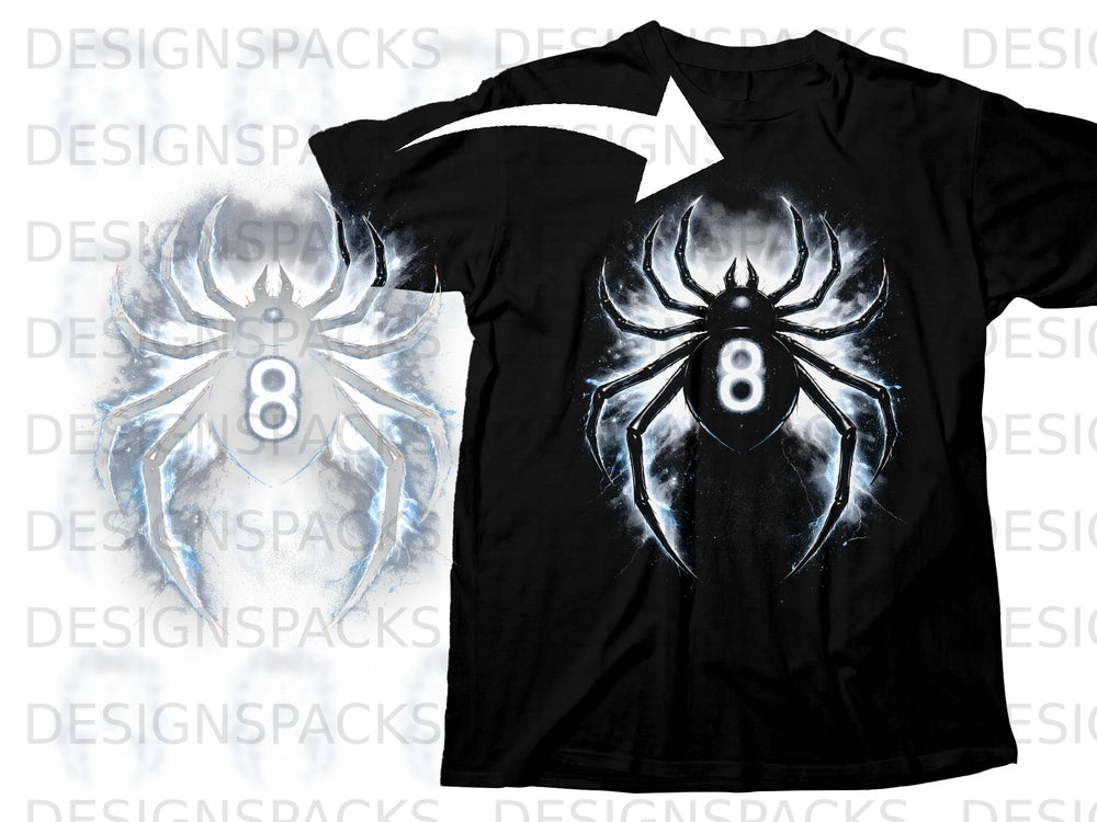 Black t-shirt with a white, glowing spider graphic with the number 8.
