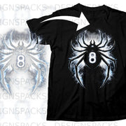 Black t-shirt with a white, glowing spider graphic with the number 8.