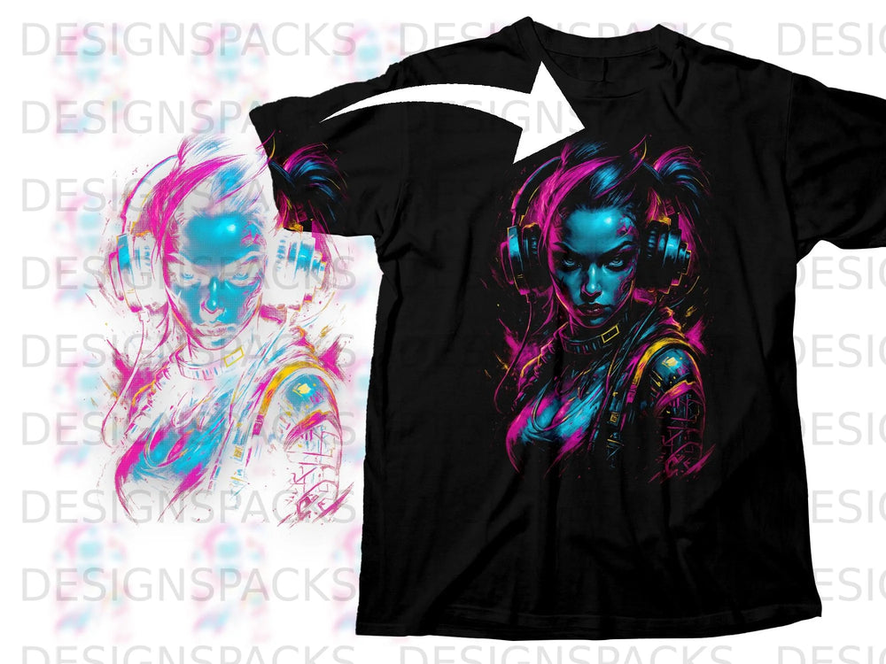 Black t-shirt featuring a stylized portrait of a person with headphones.