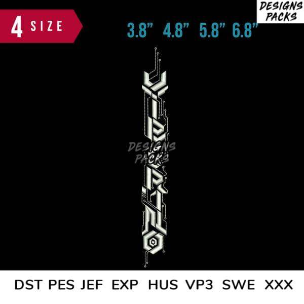 Futuristic circuit-style embroidery design in 4 sizes, compatible with DST PES JEF formats for machine embroidery.