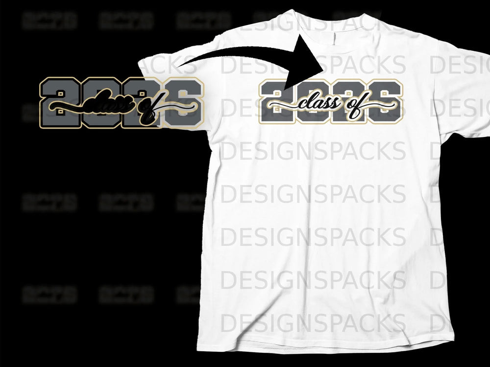 White t-shirt featuring a "class of 2025" graphic in gold and grey.