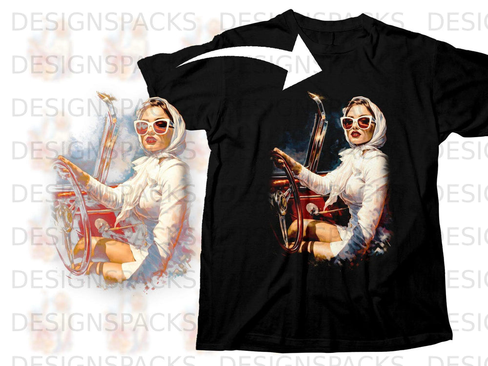 Black t-shirt featuring a retro illustration of a woman driving a convertible.