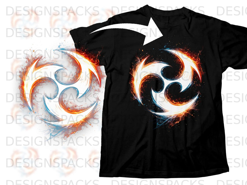 Black t-shirt with a fiery, swirling blue and orange symbol on the chest.