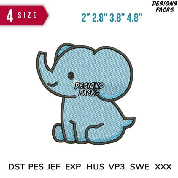 Cute blue elephant embroidery design in 4 sizes, compatible with DST PES JEF formats for instant download