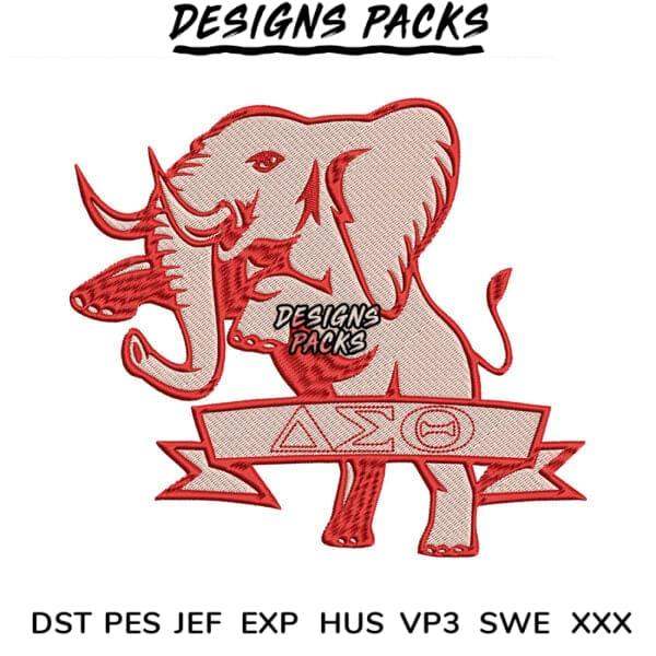 Red elephant embroidery design with Greek letters ΔΣΘ, print-ready for DTG/DTF, SVG/PES formats