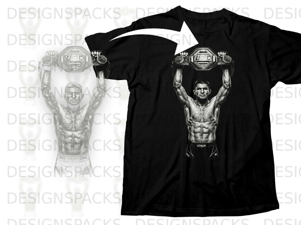 Black t-shirt with a graphic of a shirtless fighter holding up a UFC championship belt.