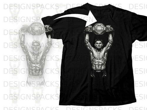 Black t-shirt with a graphic of a shirtless fighter holding up a UFC championship belt.