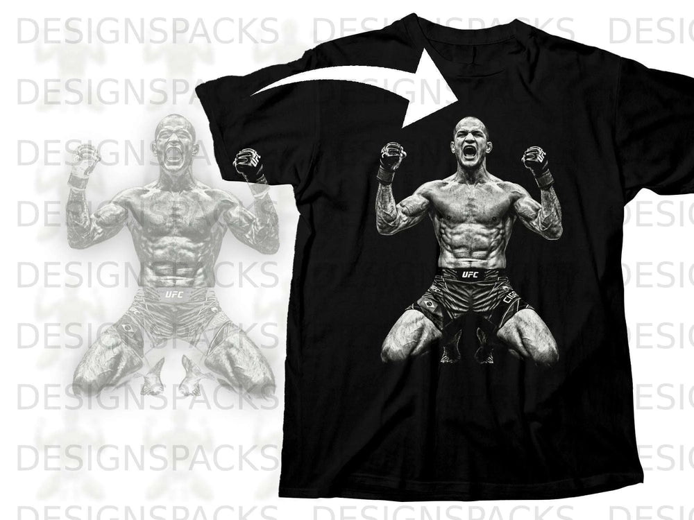 Black t-shirt with a black and white graphic of a muscular UFC fighter celebrating.