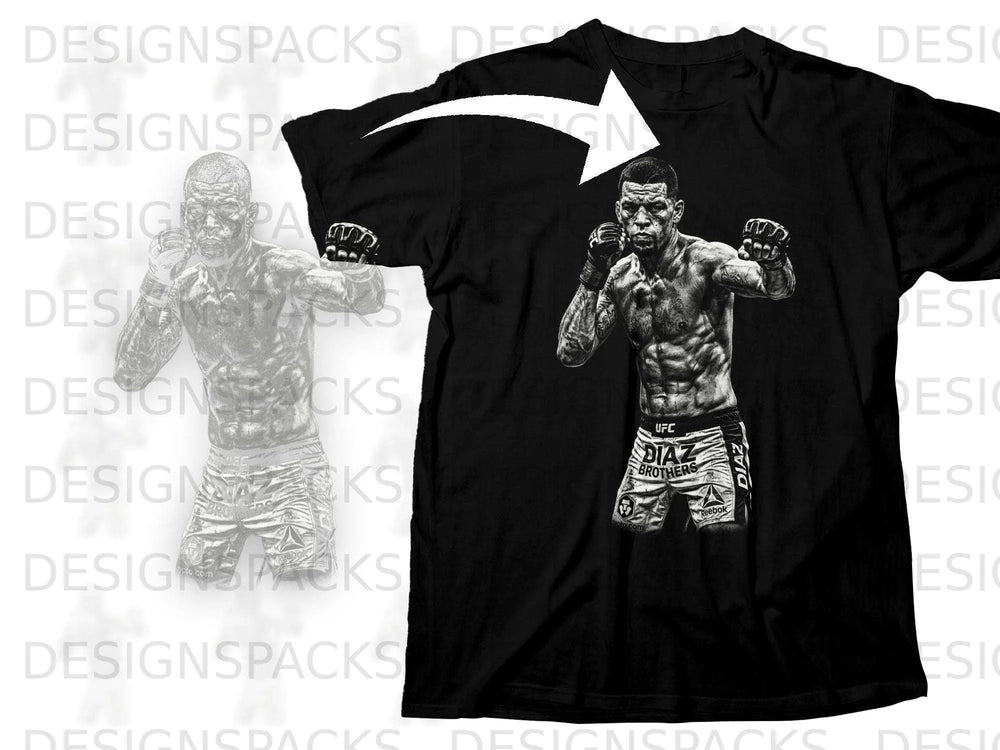 Black t-shirt with graphic of Nate Diaz wearing UFC shorts and boxing gloves.