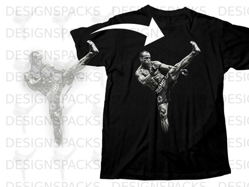 Black t-shirt with graphic of MMA fighter performing a kick.