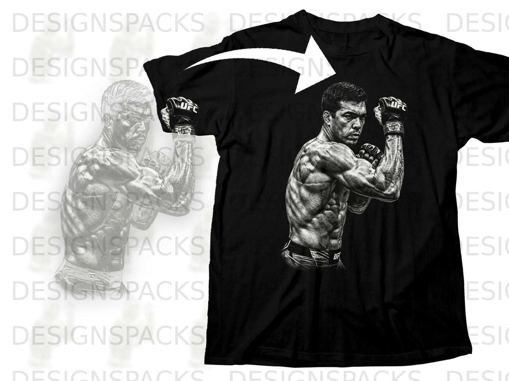 Black t-shirt with a black and white illustration of a muscular UFC fighter.
