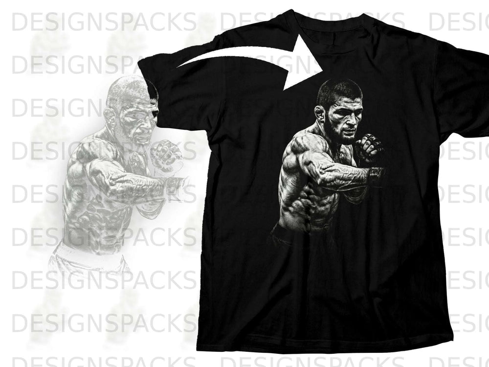 Black t-shirt with a black and white graphic of a muscular fighter.