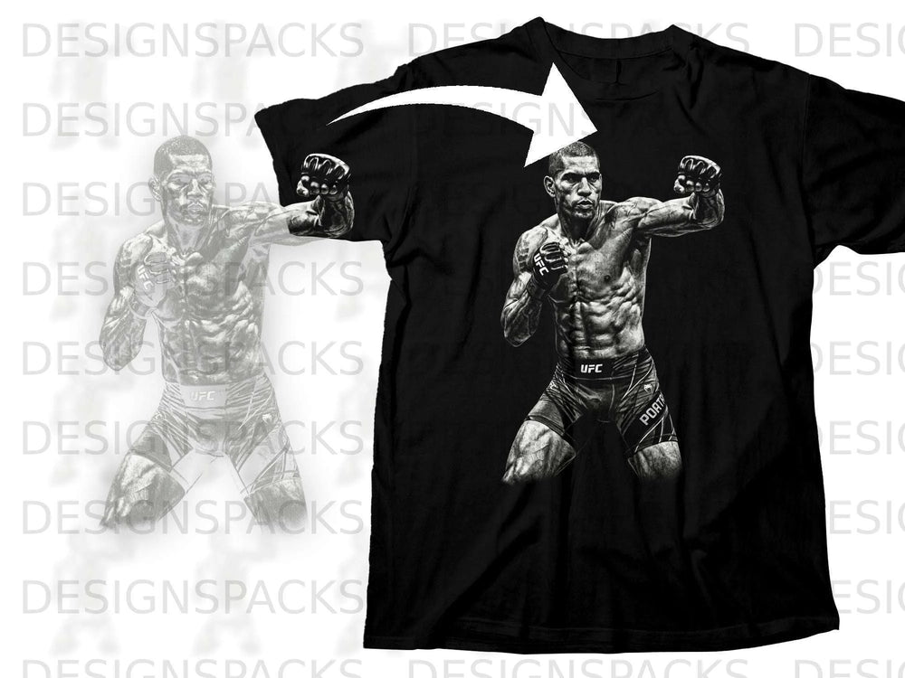 Black t-shirt with UFC fighter Alex Pereira graphic and white arrow.