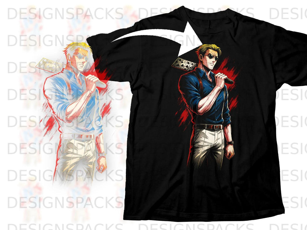 Anime character with blonde hair and sunglasses holding a weapon on a black t-shirt.