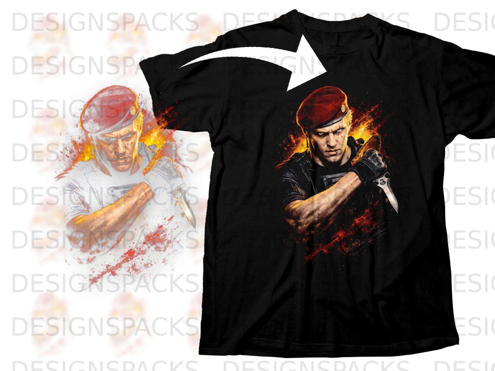 Black t-shirt with artwork of a man in a red beret holding a knife.