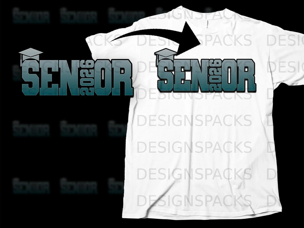 White t-shirt displays "SENIOR 2026" graphic with graduation cap.