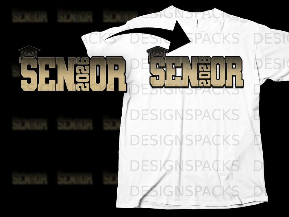 White t-shirt mockup with "Senior 2026" text and graduation cap graphic.