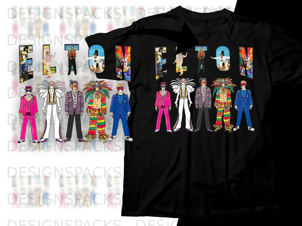 T-shirt with colorful illustrated figures in costumes and "Elton John" text.
