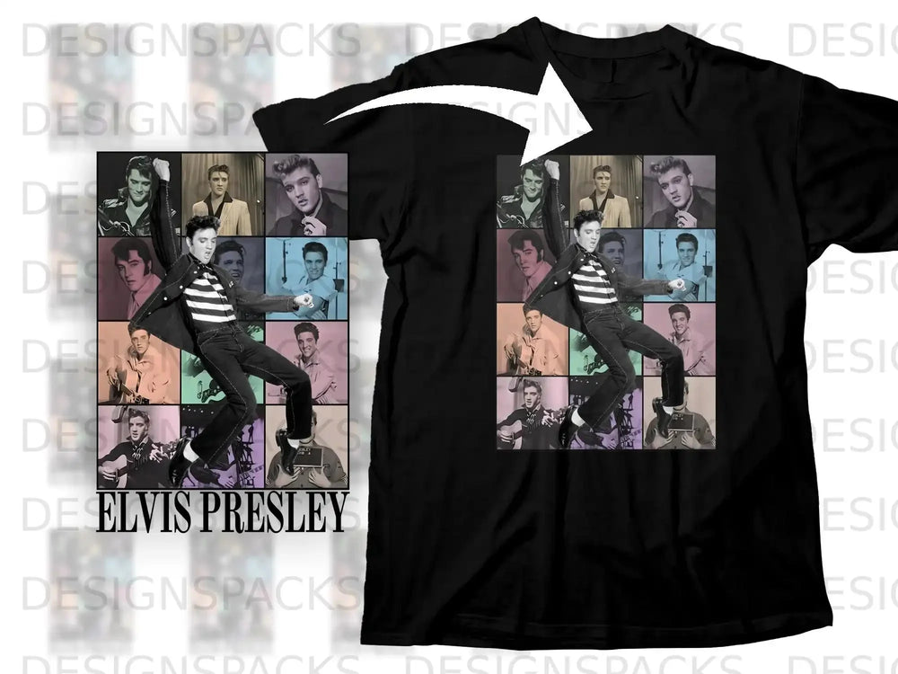 Black t-shirt with a collage of Elvis Presley poses and his name.