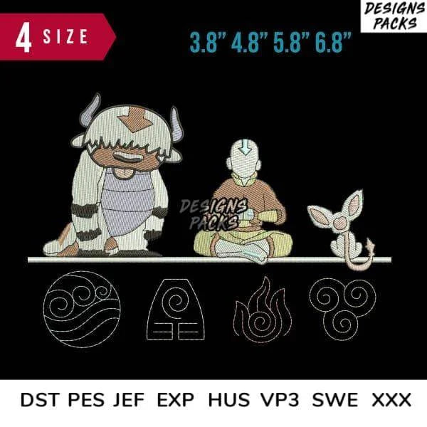 Aang Avatar and Cat Embroidery Design 3.8" 4.8" 5.8" 6.8"