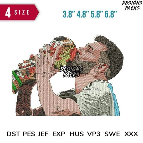 Messi Kissing Trophy Embroidery Design 3.8" 4.8" 5.8" 6.8"