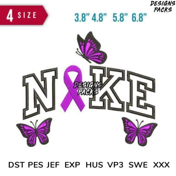 Swoosh Cancer Butterflies Embroidery Design 3.8" 4.8" 5.8" 6.8"
