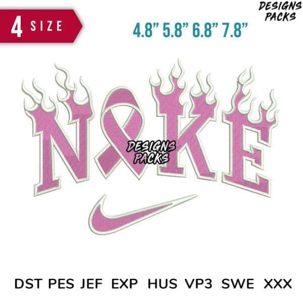 Swoosh Cancer Flamme Embroidery Design 4.8" 5.8" 6.8" 7.8"