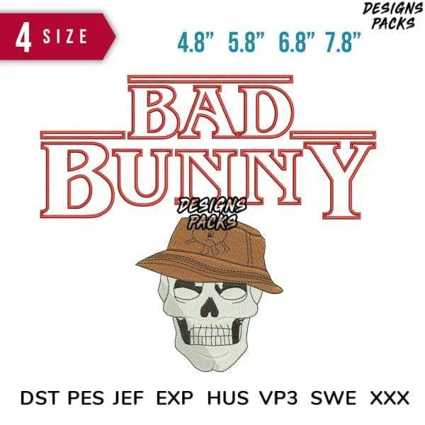 Bad Bunny Skull Embroidery Design 4.8" 5.8" 6.8" 7.8"