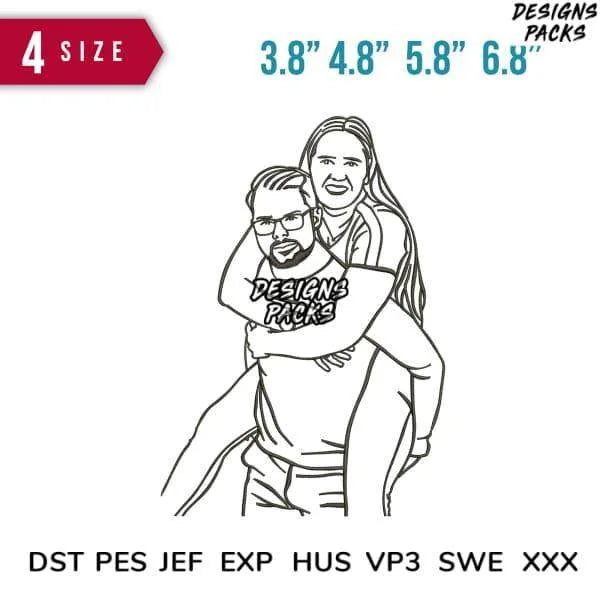 Couple Carry line Art Embroidery Design 3.8" 4.8" 5.8" 6.8"