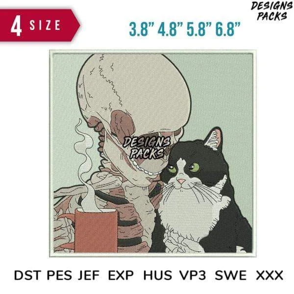 Skull and Cat Embroidery Design 3.8" 4.8" 5.8" 6.8"