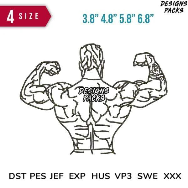 muscle man line art Embroidery Design 3.8" 4.8" 5.8" 6.8"