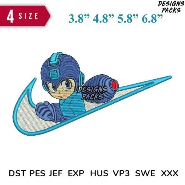 Swoosh Megaman Embroidery Design 3.8" 4.8" 5.8" 6.8"
