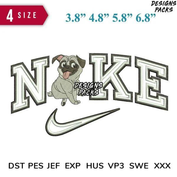 Swoosh Double Dog Pug Embroidery Design 3.8" 4.8" 5.8" 6.8"