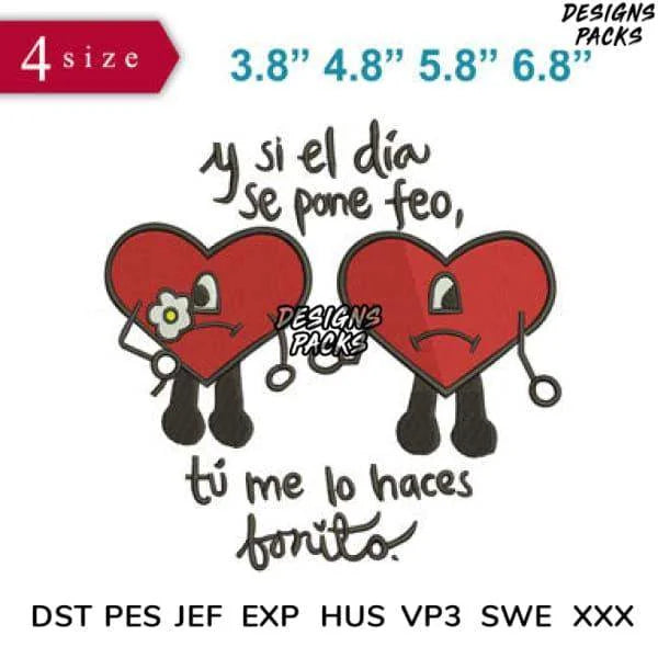 2 Bad Bunny love Embroidery Design 3.8" 4.8" 5.8" 6.8"