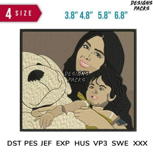 Mom Daughter and Doll Embroidery Design 3.8