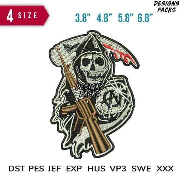 Angel of Death Embroidery Design 3.8" 4.8" 5.8" 6.8"