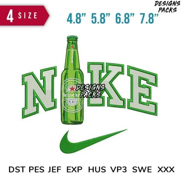 Swoosh Heinkein Bottle Embroidery Design 4.8" 5.8" 6.8" 7.8"