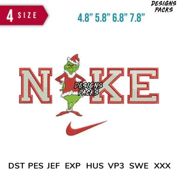 Swoosh Grinch Santa Claus Embroidery Design 4.8" 5.8" 6.8" 7.8"